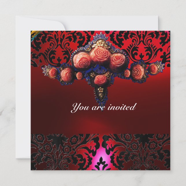 DAMASK GEM AND PINK ROSES MONOGRAM INVITATION (Front)