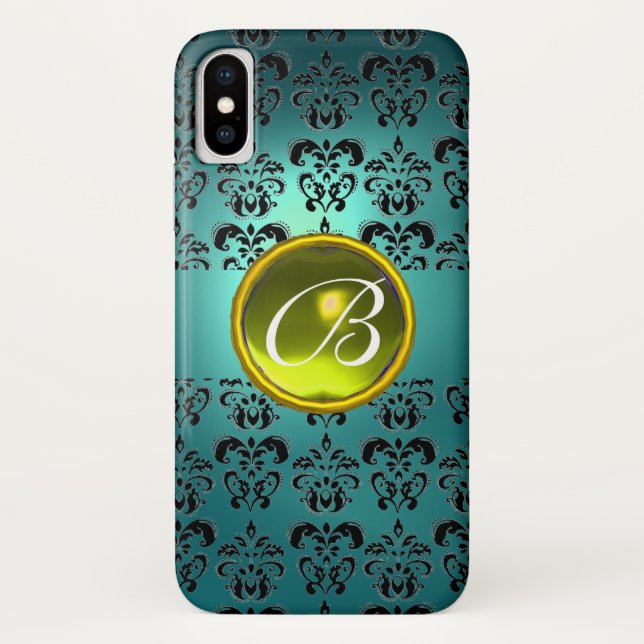 DAMASK GEM MONOGRAM blue black yellow Case-Mate iPhone Case (Back)
