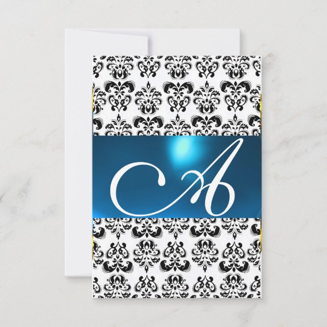 DAMASK GEM MONOGRAM blue white rsvp Invitation (Front)