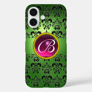 DAMASK GEM MONOGRAM green black pink iPhone 16 Case