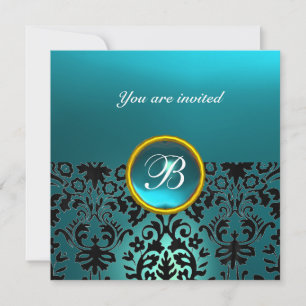 DAMASK GEM STONE MONOGRAM aquamarine blue Invitation