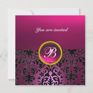 DAMASK GEM STONE MONOGRAM black fuchsia,violet Invitation