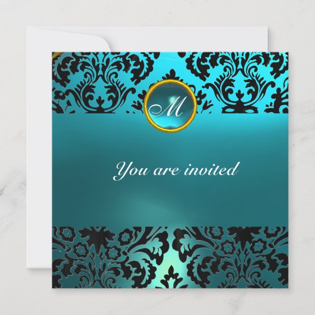 DAMASK GEM STONE MONOGRAM blue aquamarine Invitation (Front)