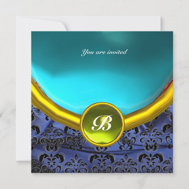 DAMASK GEM STONE MONOGRAM blue black yellow white Invitation (Front)