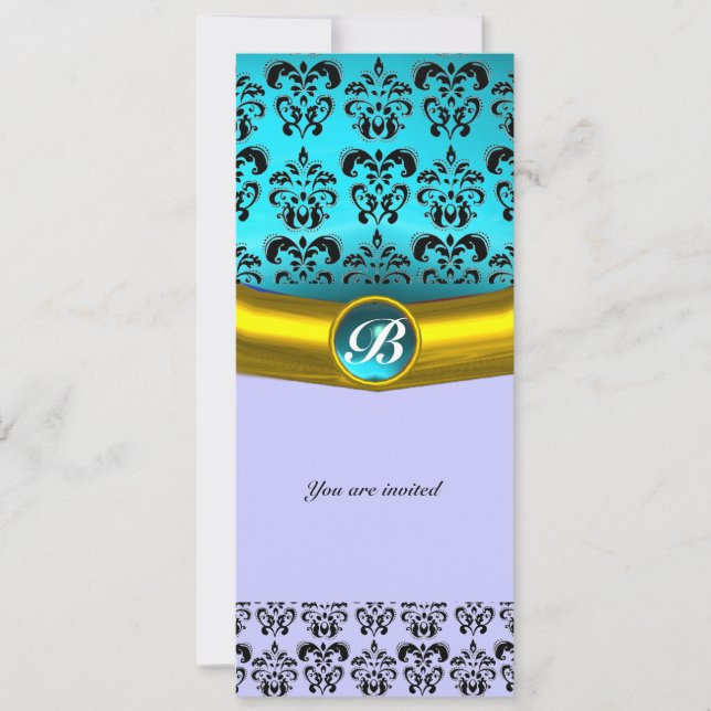DAMASK GEM STONE MONOGRAM ,blue turquase Invitation (Front)