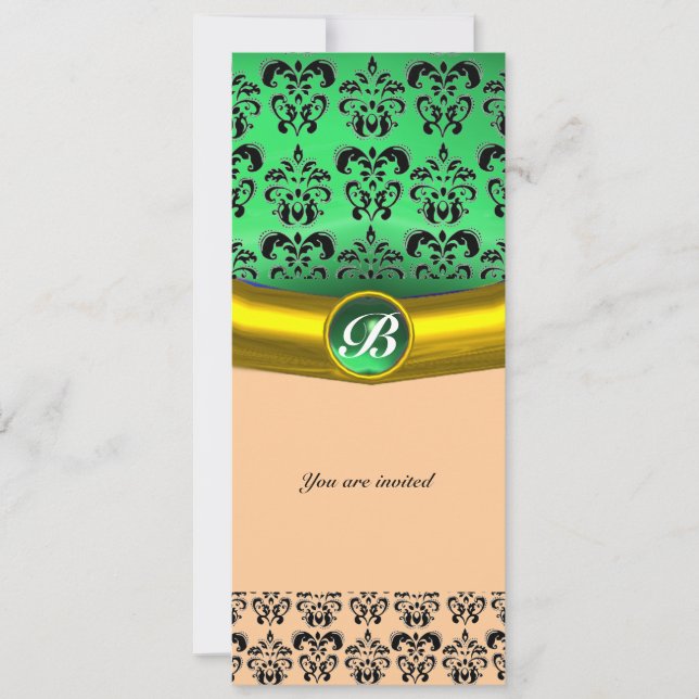 DAMASK GEM STONE MONOGRAM green Invitation (Front)