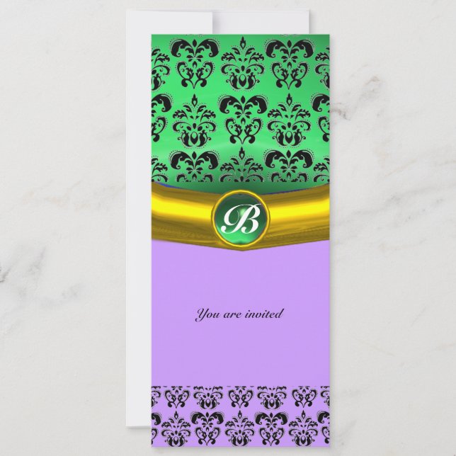 DAMASK GEM STONE MONOGRAM green,violet,pink Invitation (Front)