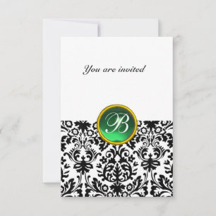 DAMASK GEM STONE MONOGRAM jade green white rsvp Invitation