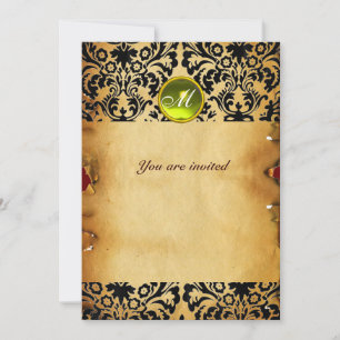 DAMASK GEM STONE MONOGRAM parchment yellow Invitation