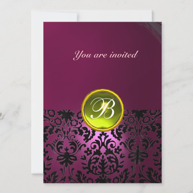 DAMASK GEM STONE MONOGRAM pink yellow Invitation (Front)