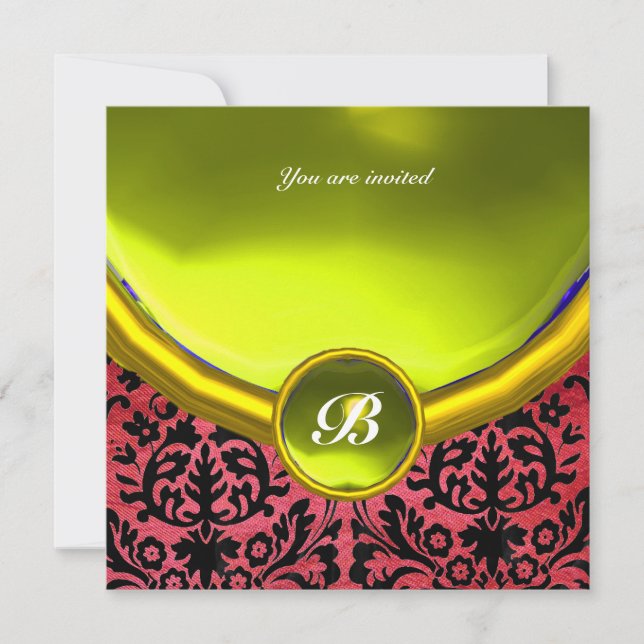 DAMASK GEM STONE MONOGRAM purple silk yellow Invitation (Front)