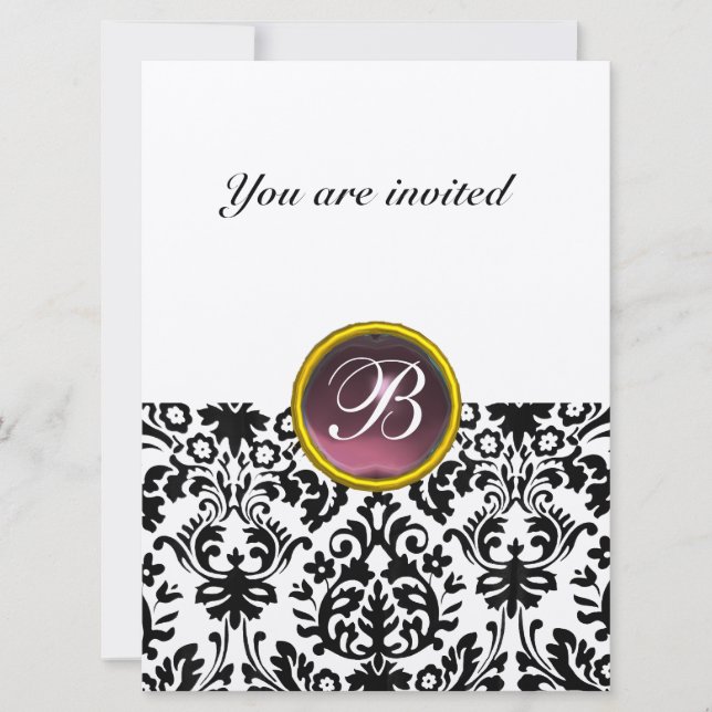 DAMASK GEM STONE MONOGRAM  purple speckled Invitation (Front)