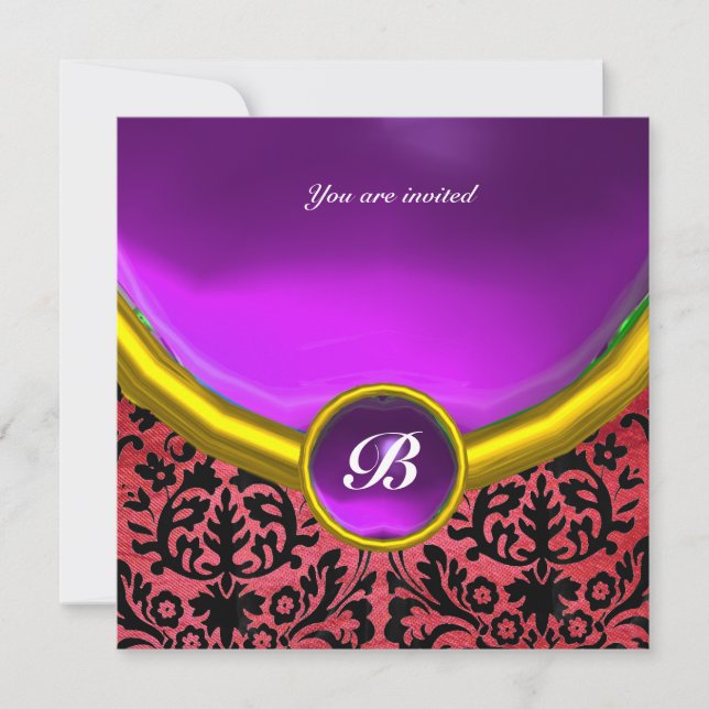 DAMASK GEM STONE MONOGRAM purple violet silk Invitation (Front)