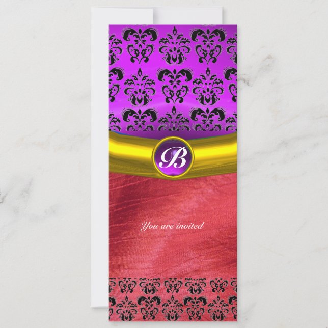 DAMASK GEM STONE MONOGRAM purple violet silk Invitation (Front)