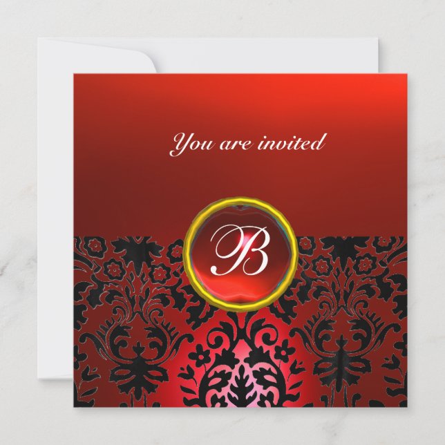 DAMASK GEM STONE MONOGRAM red black white Invitation (Front)
