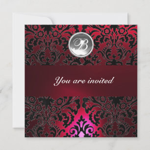 DAMASK GEM STONE MONOGRAM red burgundy white black Invitation