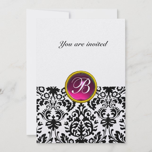 DAMASK GEM STONE MONOGRAM ruby pink fuchsia ice Invitation (Front)