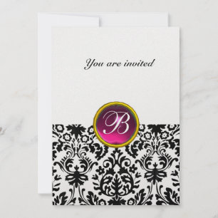 DAMASK GEM STONE MONOGRAM ruby pink fuchsia ice Invitation