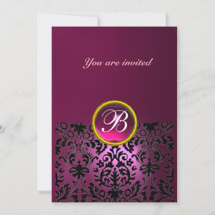 DAMASK GEM STONE MONOGRAM ruby pink fucsia light Invitation