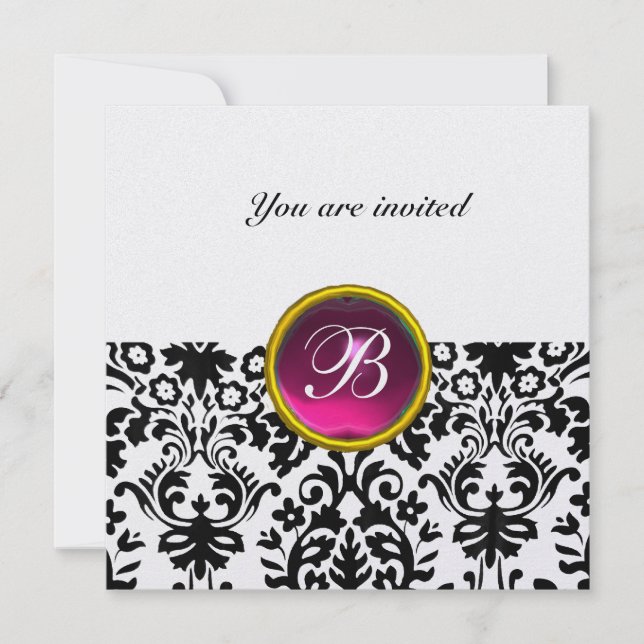 DAMASK GEM STONE MONOGRAM ruby pink ice Invitation (Front)