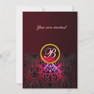 DAMASK GEM STONE MONOGRAM ruby red burgundy Invitation