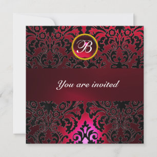 DAMASK GEM STONE MONOGRAM ruby red burgundy Invitation