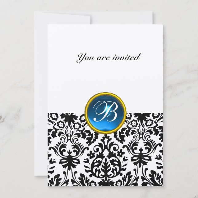 DAMASK GEM STONE MONOGRAM sapphire blue gold Invitation (Front)