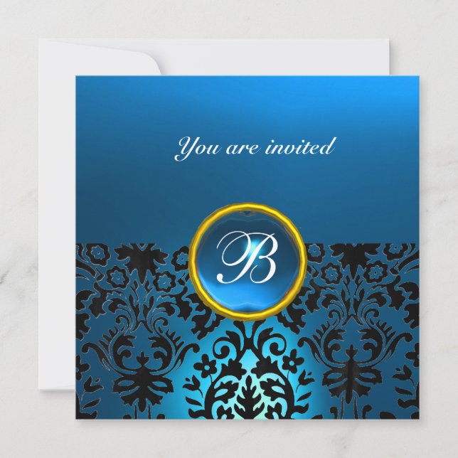 DAMASK GEM STONE MONOGRAM sapphire blue Invitation (Front)