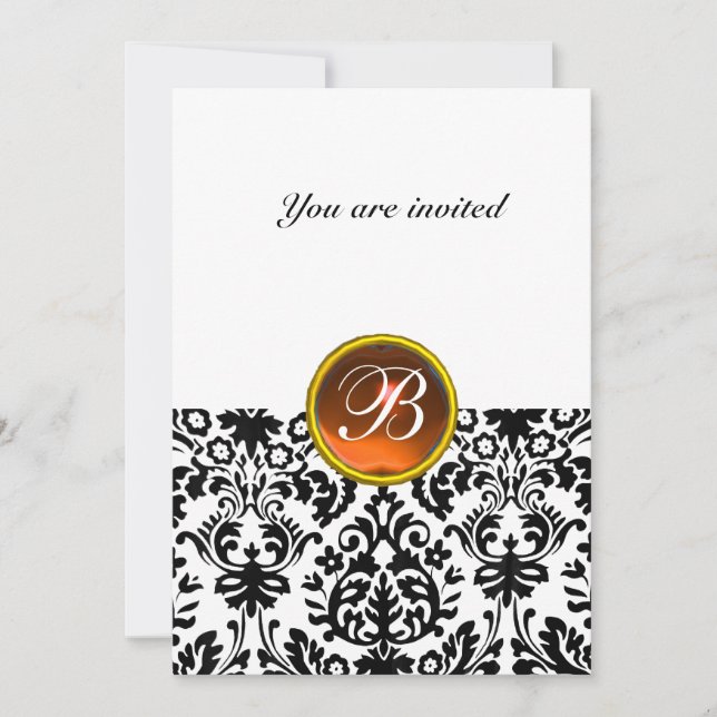 DAMASK GEM STONE MONOGRAM topaz orange white Invitation (Front)