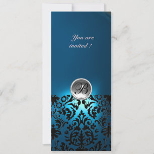 DAMASK GEM STONE MONOGRAM  white blue,teal Invitation