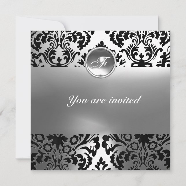 DAMASK GEM STONE MONOGRAM white Invitation (Front)