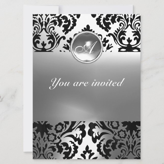 DAMASK GEM STONE MONOGRAM white Invitation (Front)