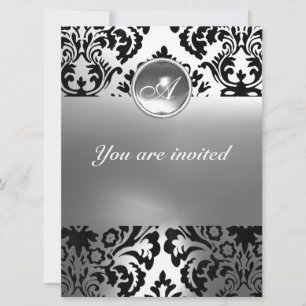 DAMASK GEM STONE MONOGRAM white Invitation