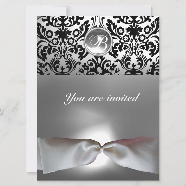 DAMASK GEM STONE MONOGRAM white ribbon grey black Invitation (Front)