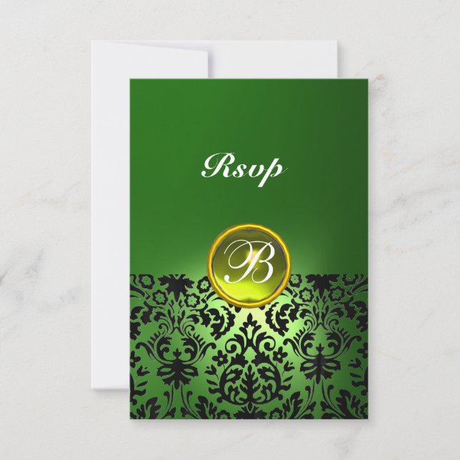 DAMASK GEM STONE MONOGRAM Yellow Green Rsvp Card (Front)