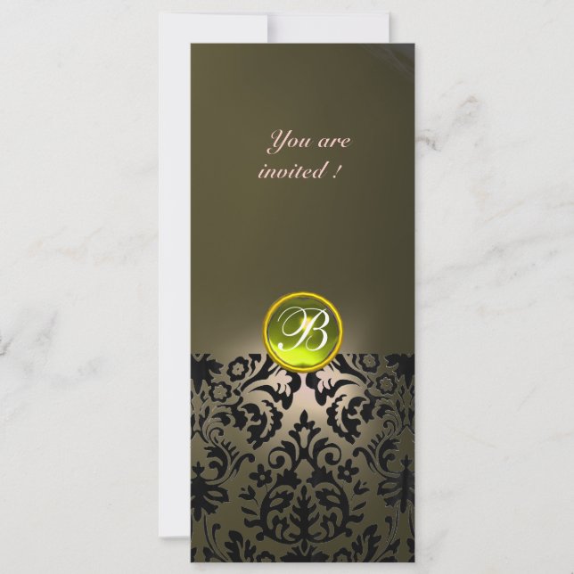 DAMASK GEM STONE MONOGRAM  yellow grey Invitation (Front)