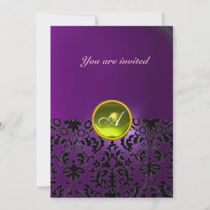 DAMASK GEM STONE MONOGRAM  yellow purple Invitation