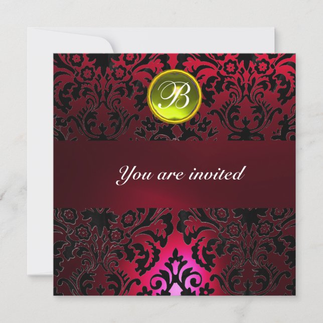 DAMASK GEM STONE MONOGRAM yellow red burgundy Invitation (Front)