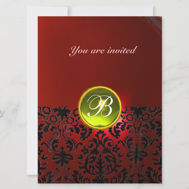 DAMASK GEM STONE MONOGRAM  yellow red Invitation (Front)
