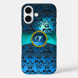 DAMASK GIRLY MONOGRAM  blue ribbon iPhone 16 Case