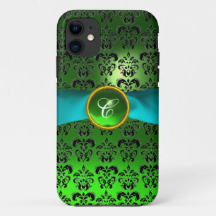 DAMASK GIRLY MONOGRAM green aqua blue ribbon iPhone 11 Case