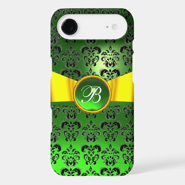 DAMASK GIRLY MONOGRAM green gold yellow ribbon (Back)