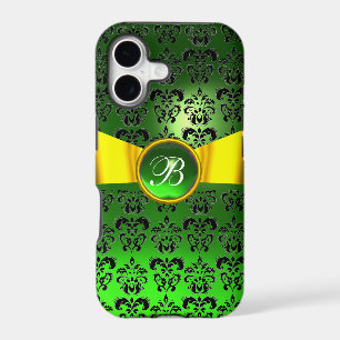 DAMASK GIRLY MONOGRAM green gold yellow ribbon