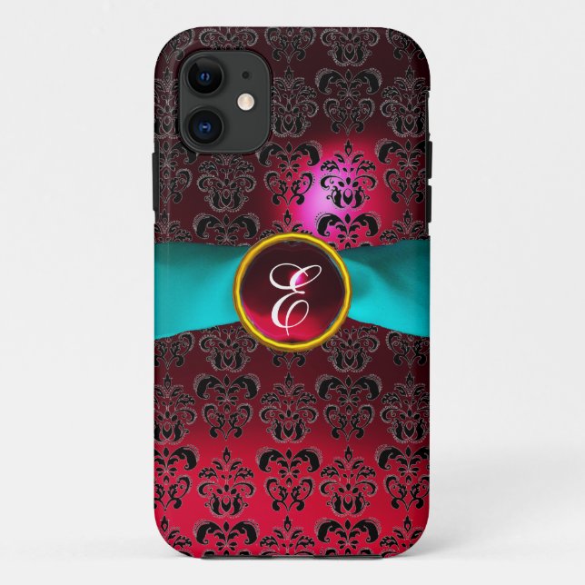 DAMASK GIRLY MONOGRAM red burgundy white ribbon Case-Mate iPhone Case (Back)