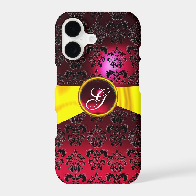 DAMASK GIRLY MONOGRAM red gold yellow  ribbon (Back)