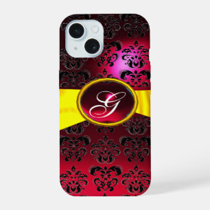 DAMASK GIRLY MONOGRAM red gold yellow ribbon iPhone 15 Case