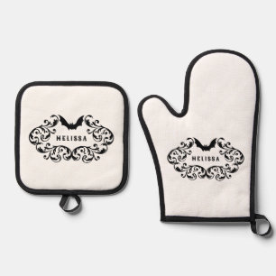 Damask Glam Bat Personalised Oven Mitt & Pot Holder Set