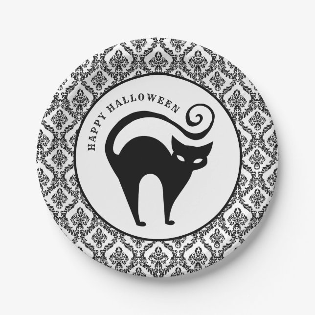 Damask Glam Black Cat | Halloween Paper Plate (Front)