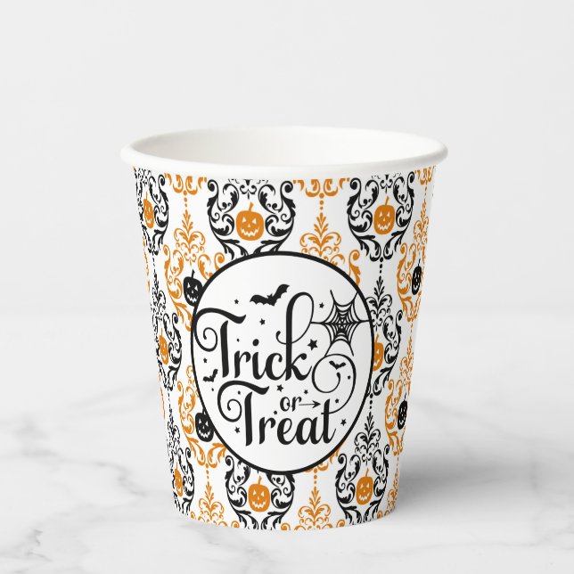 Damask Glam Pumpkin | Trick or Treat Paper Cups (Front)