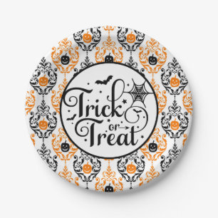 Damask Glam Pumpkin   Trick or Treat  Paper Plate